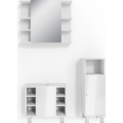 Set mobili bagno Fynn, Bianco lucido, 3 parti, con mobile midi, Vicco