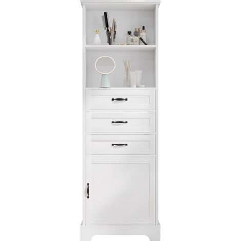 Meuble de salle de bains 56 x 25,6 x 167 cm, entièrement laqué, trois tiroirs + étagères ouvertes + compartiment de rangement, étagères réglables, poignées noires, pieds hauts, blanc. (1/5)