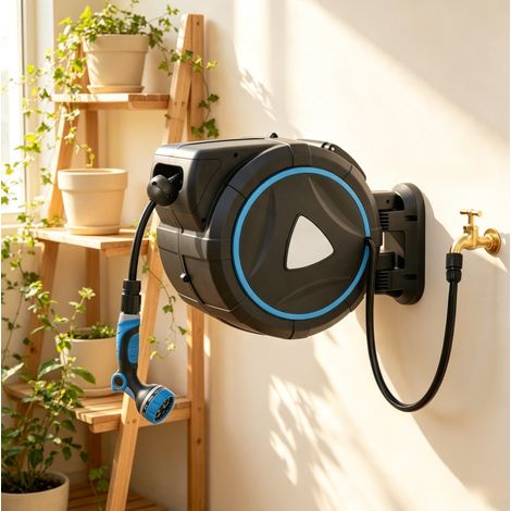 Dévidoir automatique mural 23+2 m avec pistolet d'arrosage 10 modes, bleu HAVRYA (1/4)