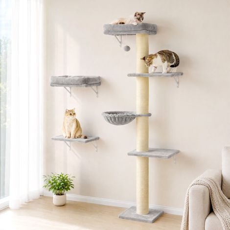 Kletterwand Katzen, 3-teilig Katzenkletterwand Set, Katzen Wandelemente mit Kratzbaum, Plattformen Hängematte (1/5)