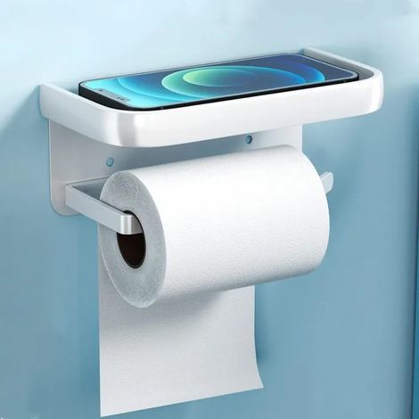 2 En 1 Dérouleur Papier Toilette Avec Étagère, Dévidoir Papier Toilette Auto-Adhésif Et Mural Pour Salle De Bain (1/5)