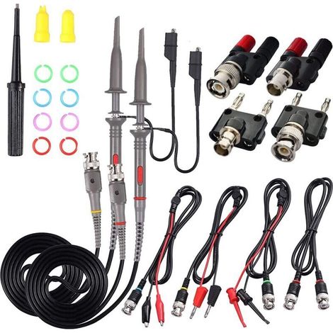 Sonda de osciloscopio universal de 100 MHz con pinza de medición y kit completo de accesorios (4 tipos de conectores BNC incluidos).