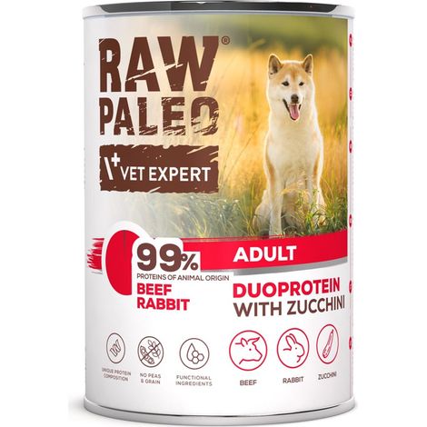 Cibo umido per cani adulti, a base di manzo e coniglio crudo, in lattina (6 x 400 g).