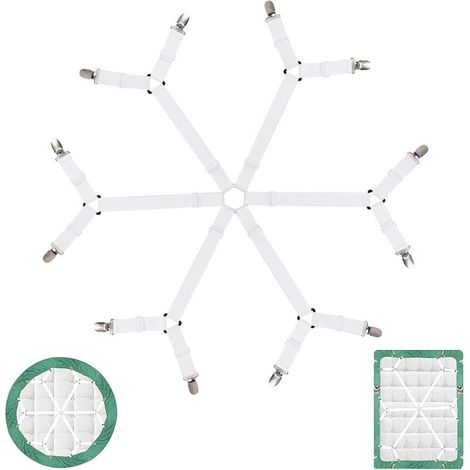 Fitted Sheet Fastener, Fitted Sheet Tensioner, Mattress Strap, Fitted Sheet Elastic, Fitted Sheet Strap, 3-Way and 6-Sided Clips, Suitable for Fitted Sheets and Flat Sheets, White (1/5)