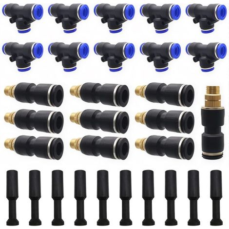Misting nozzle, 10-piece brass direct irrigation nozzle set with 10 T-type connectors + 10 choke plugs for irrigation, greenhouse, lawn (1/4)