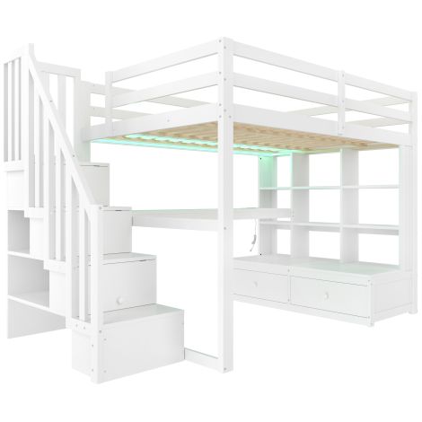 Lit mezzanine 140x200cm blanc LED, bureau étagères 2 tiroirs rangement