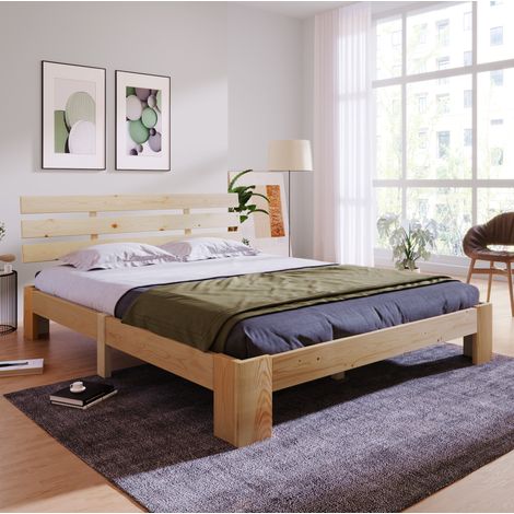 Lit double en bois massif de pin naturel 140x200 cm avec tête de lit et sommier à lattes inclus (1/5)