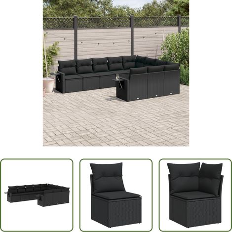 Gartensessel - 10-tlg. Garten-Sofagarnitur mit Kissen Schwarz Poly Rattan (1/5)