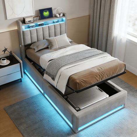 Lit Coffre Simple 90x200cm, Lit Enfant 90x200 avec Tete de Lit Rangement, Cadre de Lit avec Sommier LED et Port USB, Velours Gris (1/5)