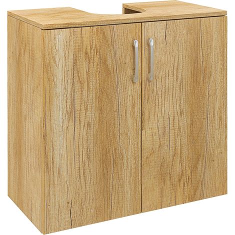 meuble de salle de bain à deux portes avec étagères intérieures à fixation murale en bois massif de couleur bois naturel