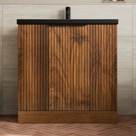 Fluted 800mm Bathroom Vanity Unit Basin Floorstanding Cupboard Soft Close Walnut (1/5)