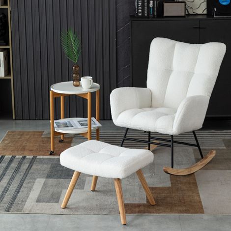 Poltrone, sedia a dondolo, poltrona con poggiapiedi, tasche laterali, per soggiorno/camera da letto/balcone, velluto teddy, bianco (1/5)