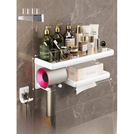 Support mural élégant en aluminium blanc pour sèche-cheveux avec boîte à mouchoirs, sans perçage, pour salle de bain.
