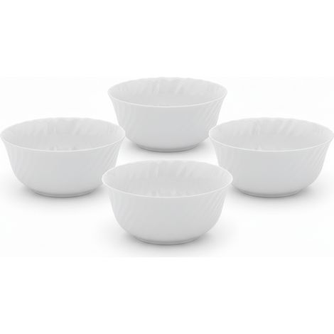 Set 4 Insalatiere in Vetro Opale Bianco 23cm Impilabili Resistenti per Insalata Primi Piatti e Buffet Design Vintage Shabby Chic Lavabili in Lavastoviglie e Uso Microonde (1/5)