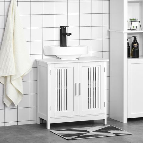 Meuble vasque de salle de bain gain de place à 2 portes en MDF avec étagères réglables, 60 x 30 x 60 cm, blanc (1/5)