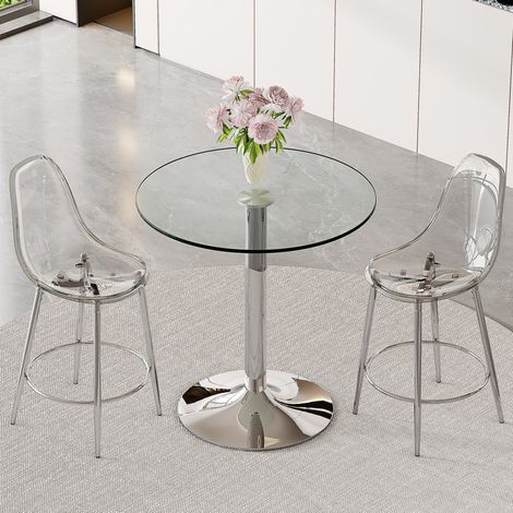 Ensemble bar 3 pièces avec table en verre de 89 cm et 2 tabourets transparents (1/5)