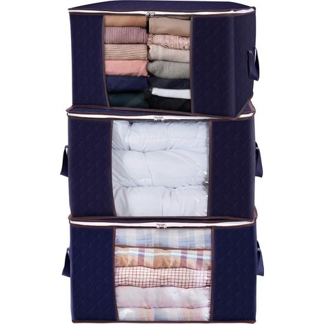 Lot de 3 Sac de Rangement pour Couette en épais Non-tissé Sac de Rangement sous lit pour édredons Couvertures Oreillers Jouets Vestes Vêtements, Bleu, 60 x 43 x 35 cm (1/5)