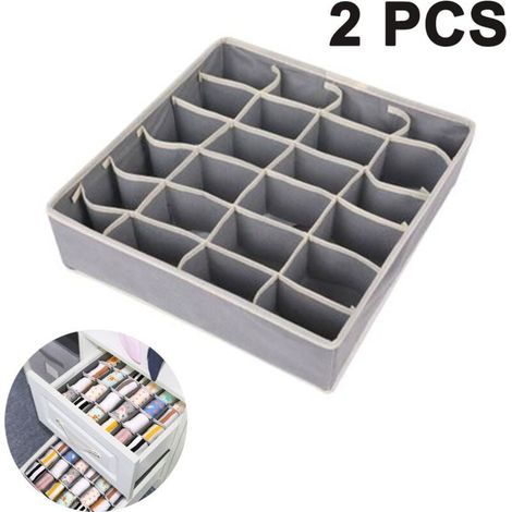 Lot de 2 boîtes de rangement pour sous-vêtements et autres petits accessoires, séparateurs de tiroirs pliables à 24 cellules pour le rangement de chaussettes, écharpes, soutiens-gorge, gris (1/4)