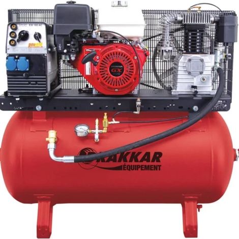Drakkar Equipement – Compresseur thermique essence 230L 12CV – Moteur Honda GX 390 – Pression max 12 bar – Débit d’air 450 l/min – Pour chantiers humides (1/2)