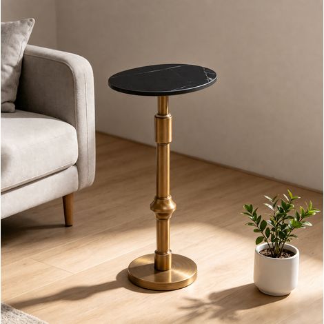 Table d'appoint réglable 59-95 cm noire, plateau en pierre frittée et pied doré (1/5)
