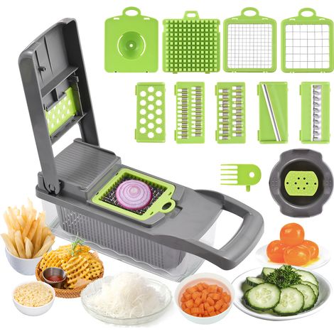Cortador de verduras compuesto 8 en 1 – Accesorio de cocina multifuncional – Cortador, rallador y picador con recipiente de 1,2 litros – ABS y acero inoxidable, gris verdoso (1/5)
