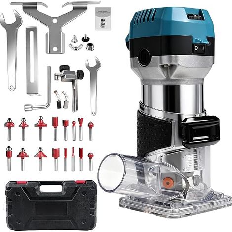 1000W Wood Router with 16 Burrs and Bag, 6.35 mm and 8 mm, 6 Variable Speed, Electric Milling Machine for Chamfering, Grooving, Cutting, Drilling (1/5)
