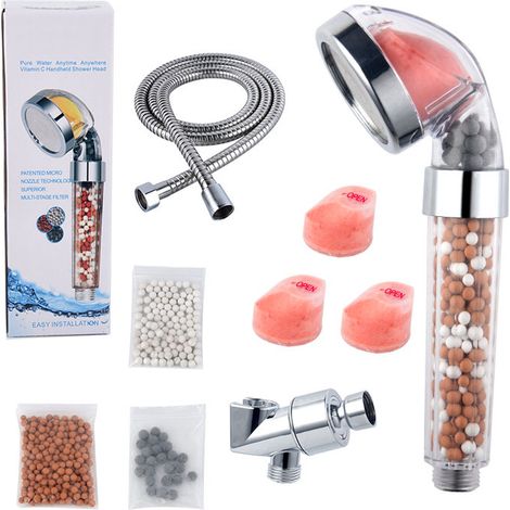 Pommeau Douche Vitamine C Filtre Haute Pression Lot 9 Pieces Tuyau Metal Arome (Rose) (1/5)