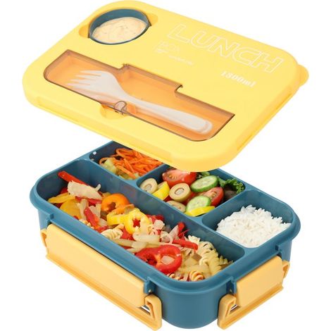 Bellissimo contenitore bento impilabile da 1550 ml in blu navy, completo di posate. Senza BPA, adatto al microonde e a prova di perdite. (1/5)