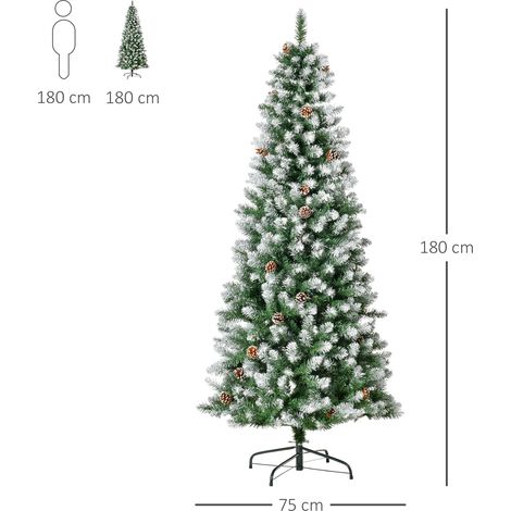 Un sapin de Noël enneigé de 180 cm de haut. Il possède 630 branches et 37 pommes de pin. Fabriqué en plastique et en métal. Vert et blanc. (1/5)