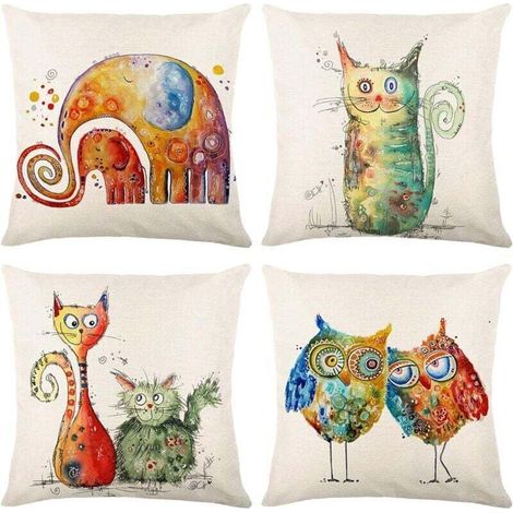 Lot de 4 Housse de Coussin, Housse Coussin 45x45 Housses de Coussin Taie d'oreiller Décoratif Canapé pour Chambre, Canapé, Chaise, Lit,Jardin (Animaux-Lin) (1/4)