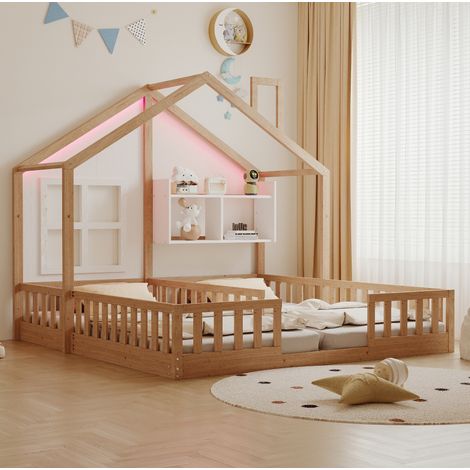 Cama infantil 90x200 cm en forma de casa con LED, almacenaje y barandillas de seguridad, de madera, natural (1/5)