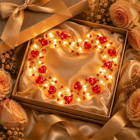Guirlande lumineuse en perles en forme de cœur - Guirlande lumineuse LED de 3 m - Alimentée par USB - Rouge - Pour mariage, Saint-Valentin, Noël, décoration de fête (1/5)