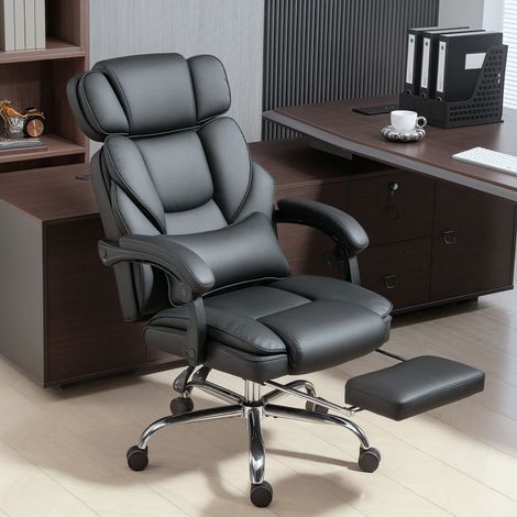 Sedia da ufficio, ergonomica, girevole, regolabile in altezza, con supporto lombare, braccioli, poggiapiedi, in similpelle, nera.