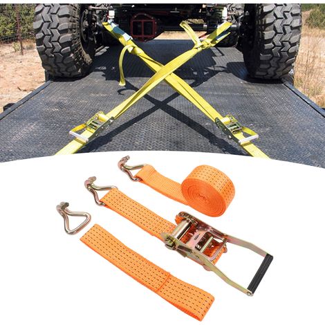 Sangles d'arrimage pour pneus de 50 mm, résistance à la traction de 5 tonnes, lot de quatre. Convient à tout type de véhicule (voiture, SUV, Jeep ou voiture de sport, même en surcharge). (1/5)