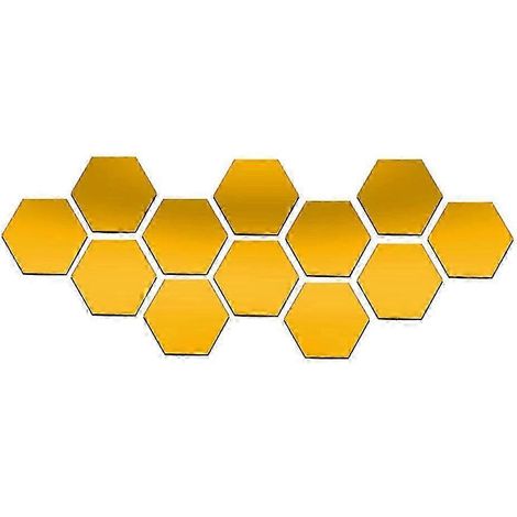 Lot de 12 stickers muraux amovibles en acrylique effet miroir pour la décoration de votre salon ou chambre à coucher (Hexagone central, 1,6 x 1 pouce / 2,8 x 1,6 pouce)-Gold 70x40mm