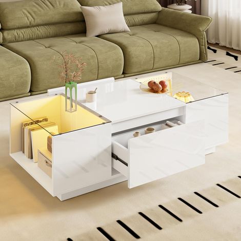 105 cm moderner, minimalistischer Couchtisch mit Stauraum, LED-Stimmungsbeleuchtung, Glasplatte und 2 Schubladen (1/5)