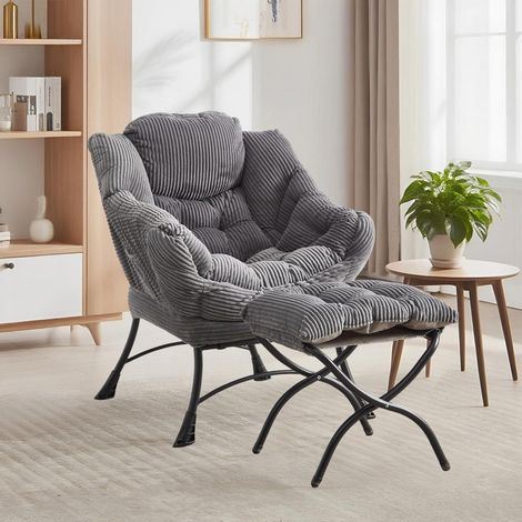 Fauteuil crapaud avec repose-pieds en velours côtelé gris, design moderne et confortable (1/5)