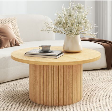 Tavolino rotondo 90x90x45 cm in MDF e legno naturale, base scanalata – MEUBLIV (1/5)