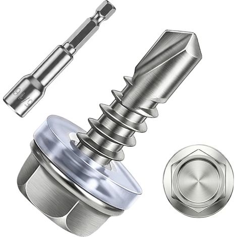 Vis Autoforeuse Metal Inox 410 Vis Autoperforante 4.8x16mm 100Stk avec Rondelles D'étanchéité EPDM Fixation étanche et 1 Douilles Hexagonale pour Metal Bac Acier Bois Tôle Placo Toiture (1/5)