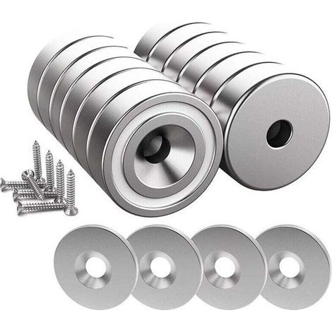 12 aimants néodyme (N52), 10 kg par pièce, 20 × 7 mm avec trou central, étui de protection inclus, socle conique + vis + 12 rondelles en acier inoxydable (argenté) (1/5)