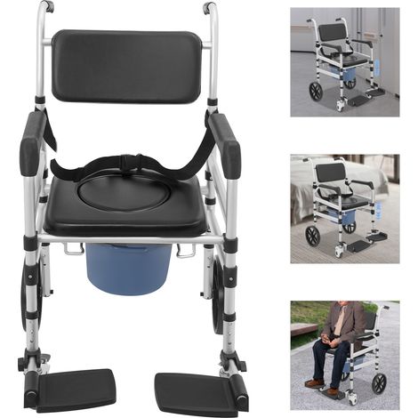 Silla de ducha plegable 4 en 1 con ruedas - Silla de ruedas de aleación de aluminio ajustable en altura, silla de ruedas robusta con gran cubeta para personas mayores (1/5)