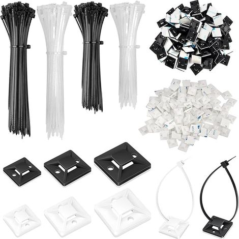 Serre Cable Plastique + Embase Adhesive, Serre Câbles Auto Adhésif pour Fixation Cable Electrique (Noir/Blanc) (1/5)