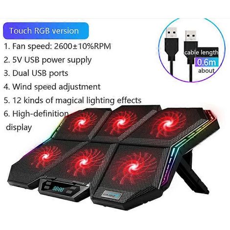 Refroidisseur pour ordinateur portable de jeu RGB 12-17 pouces, support de refroidissement à six ventilateurs avec écran LED, support de refroidissement pour ordinateur portable avec deux ports USB (B (1/5)