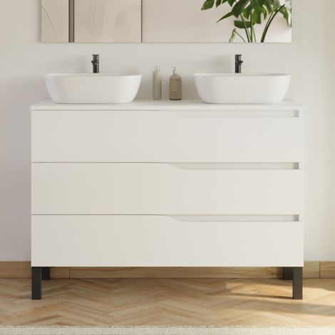 Meuble de salle de bain 120cm avec plateau et 2 vasques à poser Zeus - 3 tiroirs - sans miroir - blanc - MATA (1/4)
