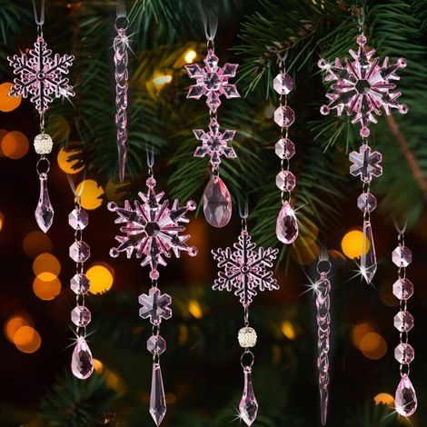 Décorations de Noël 18 pièces, flocons de neige roses, ornements suspendus en acrylique avec pendentifs (1/5)