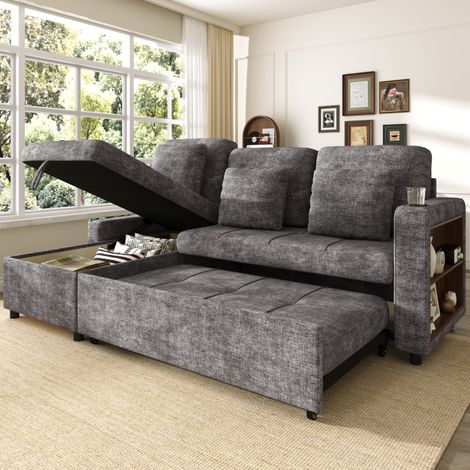 Divano letto estraibile 3 posti con chaise longue e vano contenitore in ciniglia grigia, 201,3 cm (1/5)