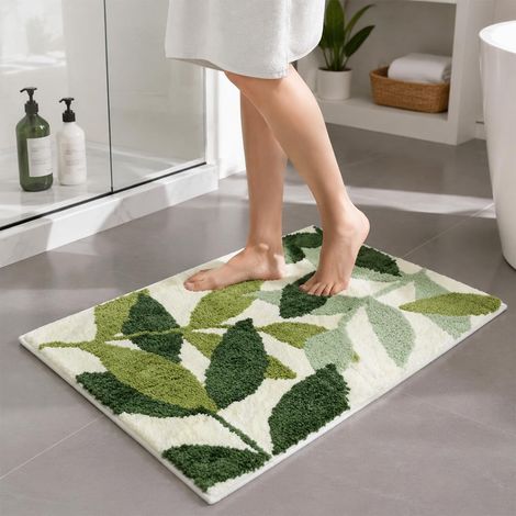 Tapis de bain antidérapant, 40 x 60 cm, motif feuille verte tapis de sol pour salle de bain, super doux et absorbant, lavable en machine, pour douche, chambre à coucher, cuisine, porte (1/5)