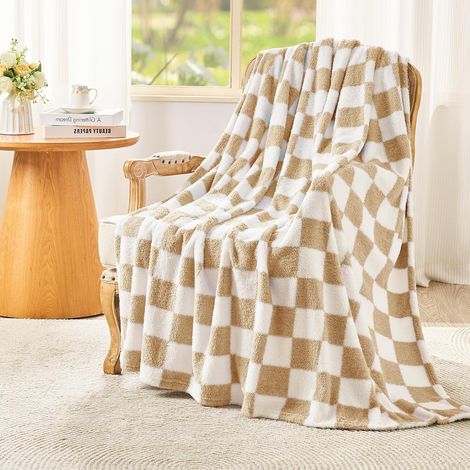 Coperta soffice a quadri Pile su divano 150x200 cm morbido beige (1/5)
