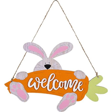 Plaque En Bois - Décoration Suspendue De Pâques - Motif Lapin Œufs Carotte - Pour Porte Fenêtre Arbre Intérieur - Lot De 1 (1/5)
