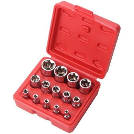 royaluxe-Lot de 14 douilles femelles E-Torx en forme d'étoile 1/4", 3/8", 1/2", ensemble de douilles dynamométriques extérieures E4-E24 avec étui rouge